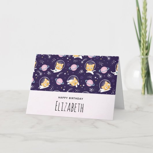 Verjaardag met een leuk patroon met poes astronaut kaart (Voorkant)