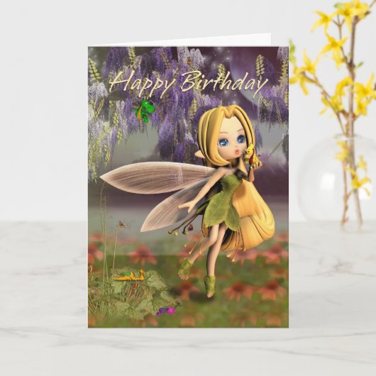 Verjaardag met feeën en draken kaart (Gele Bloem)