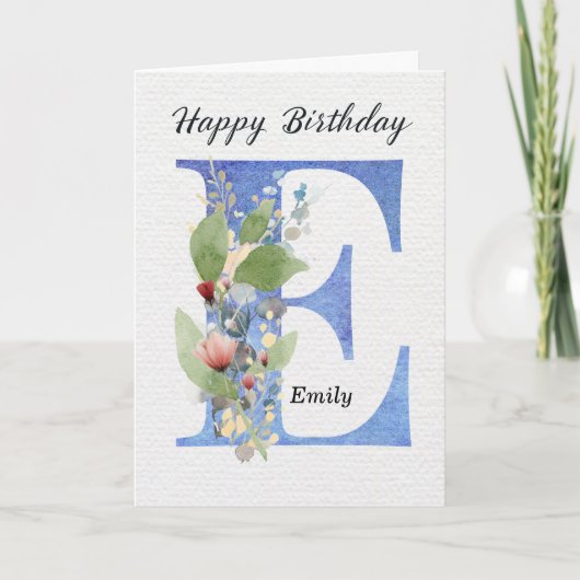 Verjaardag met letter E, aangepaste naam, haar bla Kaart (Voorkant)