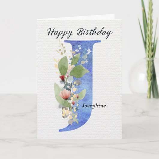 Verjaardag met letter J, aangepaste naam, haar bla Kaart (Voorkant)