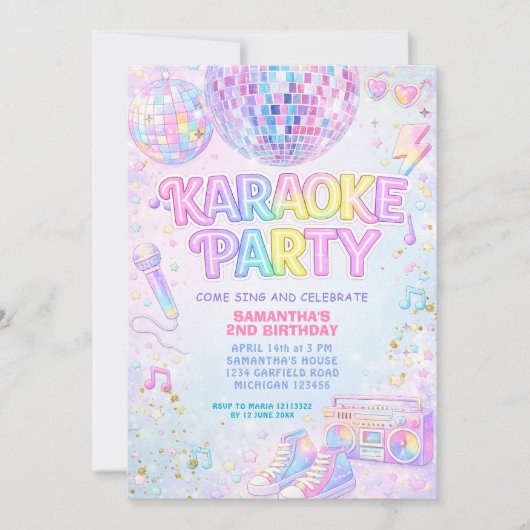 Verjaardag met roze discomirror en karaoke kaart (Voorkant)