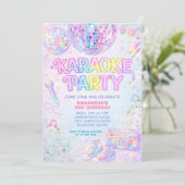 Verjaardag met roze discomirror en karaoke kaart (Staand voorkant)