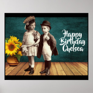 Verjaardag met vintage kinderen en zonnebloemen na poster