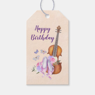 Verjaardag met viool, ballet schoenen en vlinders cadeaulabel