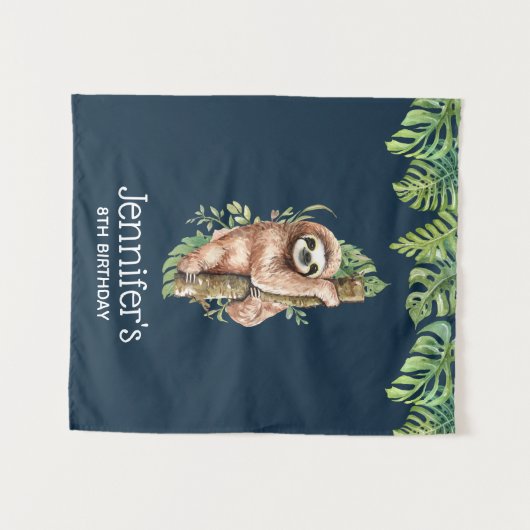 Verjaardag met waterverf luiaard en tropische blad wandkleed (Voorkant (horizontaal))