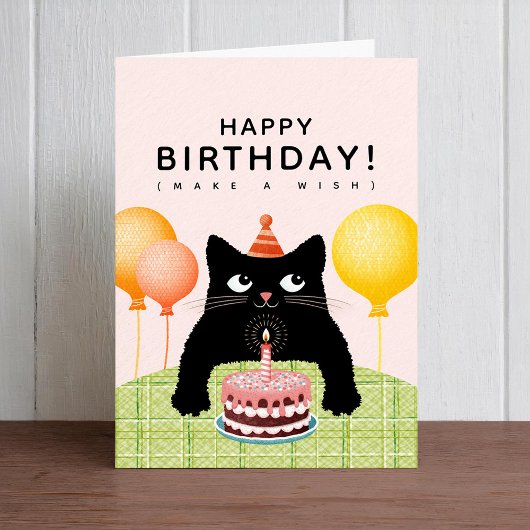 Verjaardag met zwarte kat, cake en kaars kaart