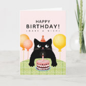 Verjaardag met zwarte kat, cake en kaars kaart (Voorkant)