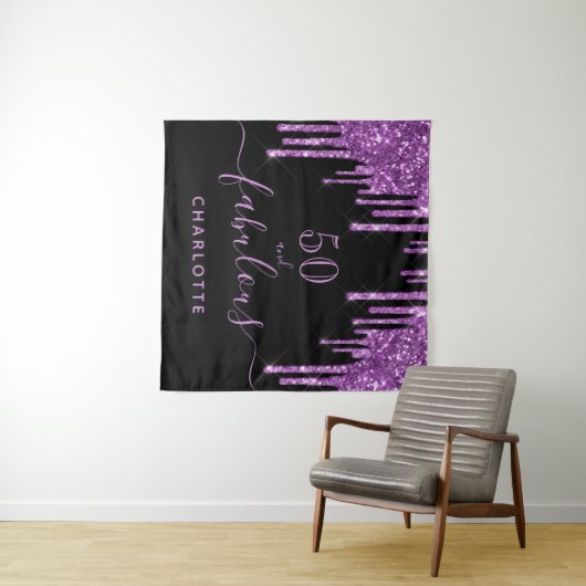 Verjaardag met zwarte paarse glitters 50 wandkleed (In Situ (horizontaal))