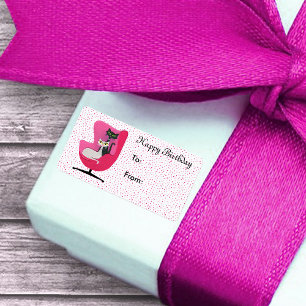 Verjaardag Mid Century Style Cats Roze Stoel Stipp Etiket