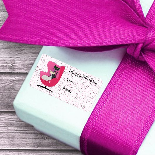 Verjaardag Mid Century Style Cats Roze Stoel Stipp Etiket