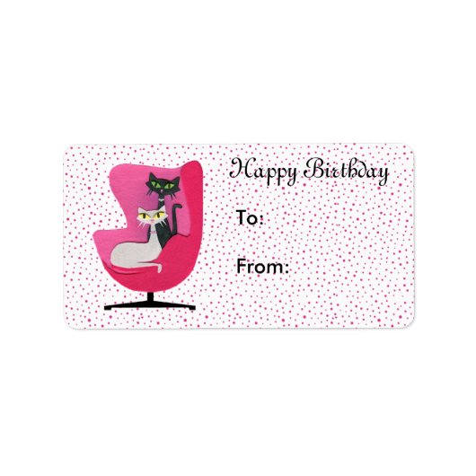 Verjaardag Mid Century Style Cats Roze Stoel Stipp Etiket (Voorkant)