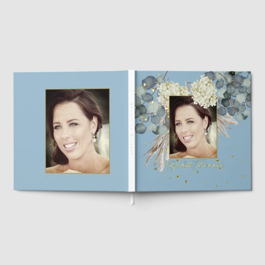 Verjaardag mijlpaal Foto Bloemen Blauw Elegant Gastenboek (Volledig)