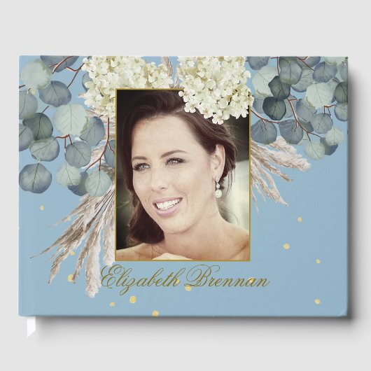 Verjaardag mijlpaal Foto Bloemen Blauw Elegant Gastenboek (Voorkant)