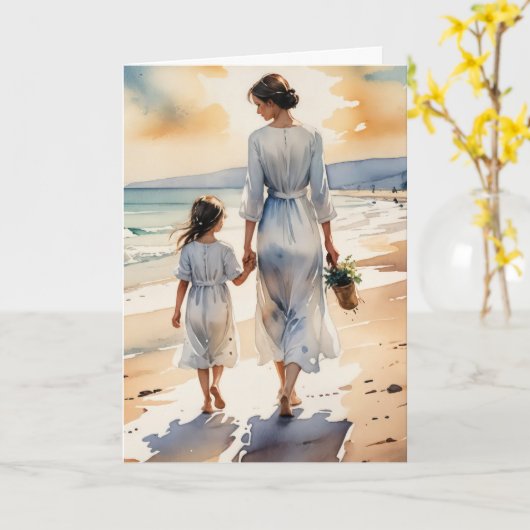 Verjaardag moeder en dochter op het strand kaart (Gele Bloem)