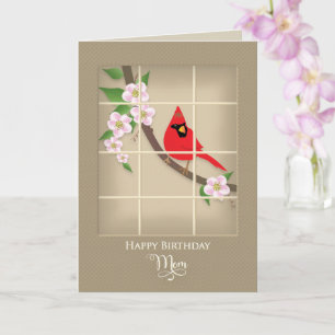 Verjaardag, moeder, rode kardinaal / appelbloesems kaart