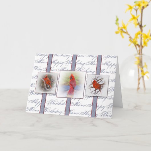 Verjaardag MOM, Rode Kardinalen, Vogels, Natuur Kaart (Gele Bloem)