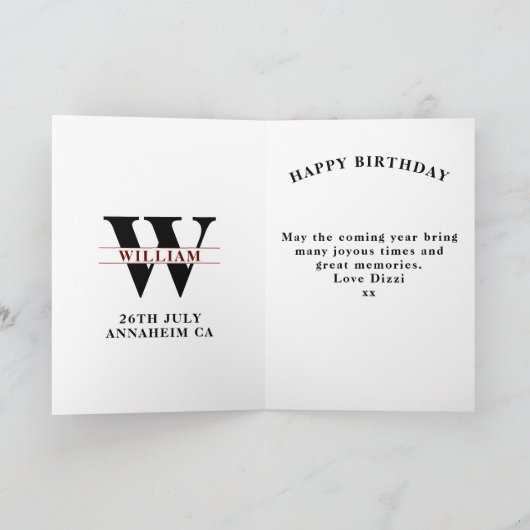 Verjaardag Monogram Jaar toevoegen en Naam Zwart R Kaart (Binnen)