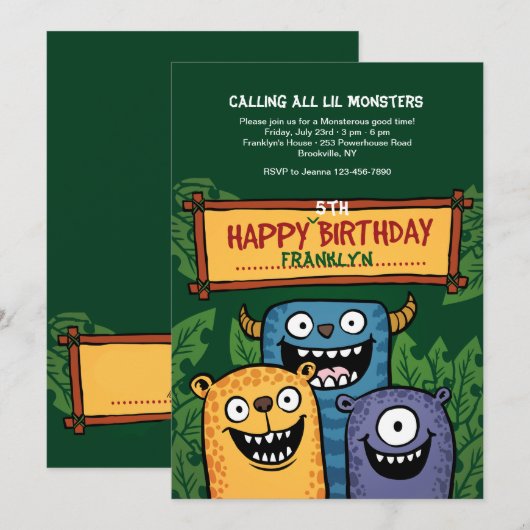 Verjaardag Monsters uitnodiging (Voorkant / Achterkant)