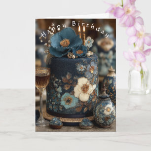 Verjaardag Mooie Blauwe Witte Bloemen Taart Kaart