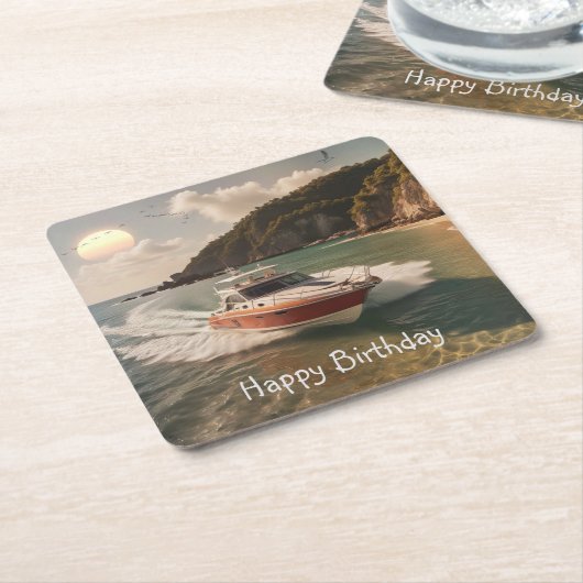 Verjaardag motorboot kartonnen onderzetters (Schuin)