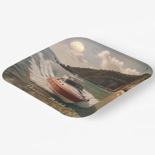 Verjaardag motorboot papieren bordje (Gebogen)