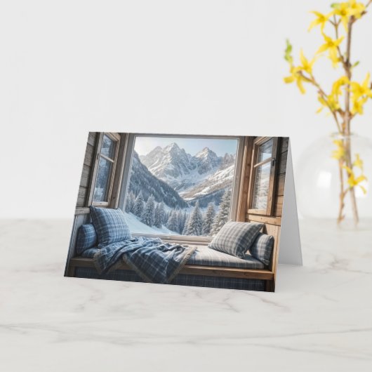 Verjaardag Mountain Scene In Een Cabin Window Kaart (Gele Bloem)