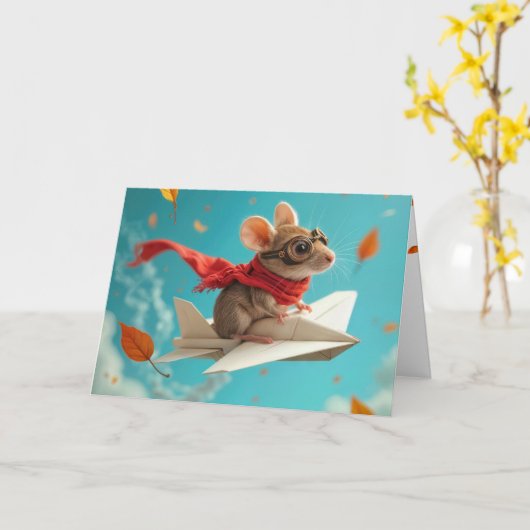 Verjaardag Muis Vliegend een papieren Vliegtuig Kaart (Gele Bloem)