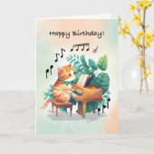 Verjaardag Muzikale Kat Spelen Piano Kaart (Gele Bloem)