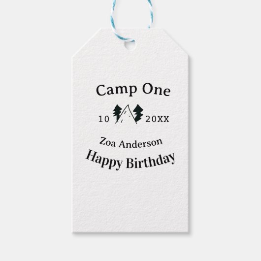Verjaardag naam datum campingavontuur cadeaulabel (Voorkant)