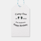 Verjaardag naam datum campingavontuur cadeaulabel (Achterkant)