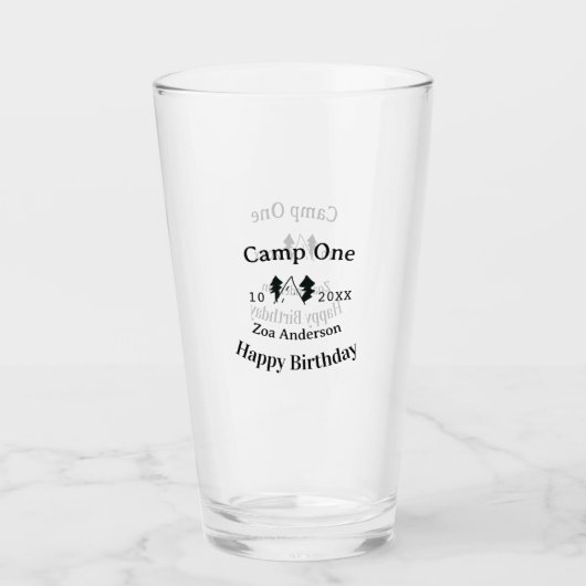 Verjaardag naam datum campingavontuur glas (Voorkant)