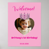 Verjaardag naam foto roze tiara baby meisje welkom poster (Voorkant)