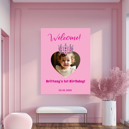 Verjaardag naam foto roze tiara baby meisje welkom poster