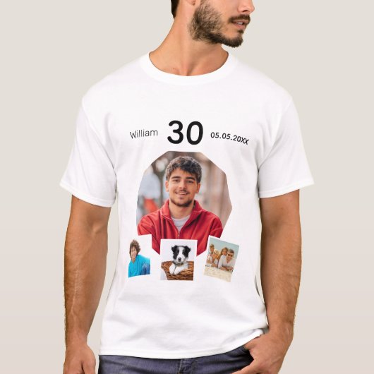 Verjaardag naam leeftijd foto collage man t-shirt (Voorkant)