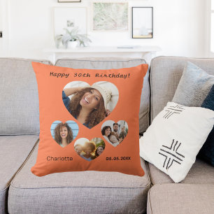 Verjaardag naam leeftijd foto hart collage koraal  kussen