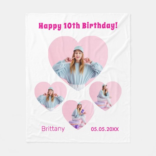Verjaardag naam leeftijd foto hart collage meisje fleece deken (Voorkant)