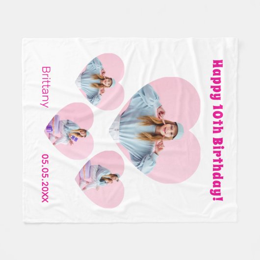 Verjaardag naam leeftijd foto hart collage meisje fleece deken (Voorkant (Horizontaal))