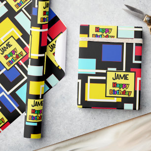 Verjaardag Naam toevoegen Retro Mid Century Custom Cadeaupapier