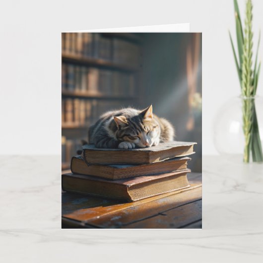 Verjaardag Napping Tabby Cat op bibliotheekboeken Kaart (Voorkant)
