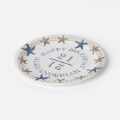 Verjaardag nautische marine blauw wit tan zeester papieren bordje (Gekanteld)