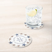 Verjaardag nautische marine blauw wit tan zeester ronde kartonnen onderzetter (Insitu)