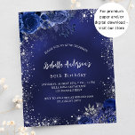 Verjaardag navy blauw bloemenzilver budget uitnodi<br><div class="desc">Een marineblauwe achtergrond,  versierd met faux zilver glitter,  sparkles en blauwe bloemen. De kleur van het blauw is ongelijk. Personaliseer en voeg een naam en feestdetails toe. 1 vel = 1 uitnodiging afgedrukt rand tot rand</div>