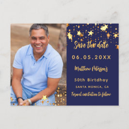Verjaardag navy blauw gouden foto save the date aankondigingskaart