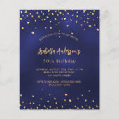 Verjaardag navy blauw gouden harten budget uitnodi flyer (Voorkant)