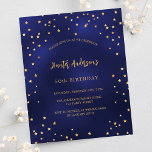 Verjaardag navy blauw gouden sterren budget uitnod flyer<br><div class="desc">Houd er rekening mee dat deze uitnodiging op flyerpapier staat en erg dun is. Enveloppen zijn niet inbegrepen. Voor dikkere uitnodigingen (zelfde ontwerp) gelieve onze opslag te bezoeken. Een uitnodiging voor een verjaardagsfeestje voor hem en haar. Een marineblauwe achtergrond versierd met faux gouden sterren. De kleur van het blauw is...</div>