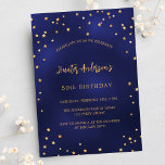 Verjaardag navy blauw gouden sterren feest uitnodiging briefkaart<br><div class="desc">Een uitnodiging voor een verjaardagsfeestje voor hem en haar. Een zwarte achtergrond versierd met faux gouden sterren. Personaliseer en voeg een naam en feestdetails toe. Goudkleurige tekst.</div>