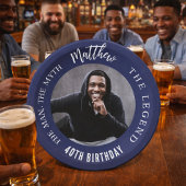 Verjaardag navy blauw wit foto man myth legende papieren bordje