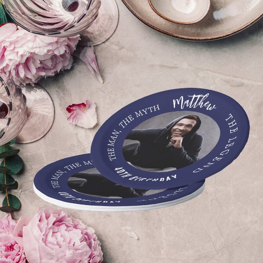 Verjaardag navy blauw wit foto man myth legende papieren bordje