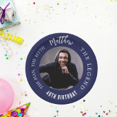 Verjaardag navy blauw wit foto man myth legende papieren bordje