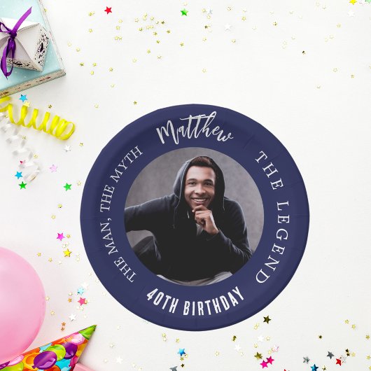 Verjaardag navy blauw wit foto man myth legende papieren bordje